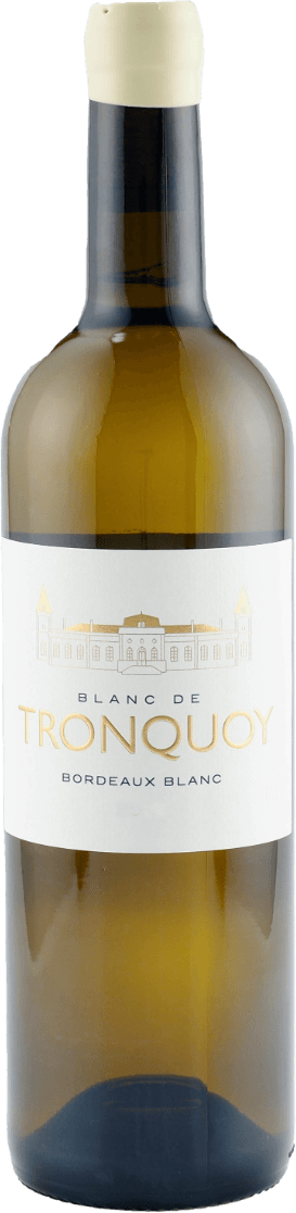 Het label is wit en minimalistisch vormgegeven. Bovenaan staat een fijne lijntekening van een klassiek kasteel of wijnhuis, uitgevoerd in goud. Daaronder staat in grote, goudkleurige letters 'TRONQUOY'. De rest van de tekst is in een subtielere, kleinere zwarte letter. Het geheel oogt klassiek en stijlvol, met een focus op het wijnhuis en de naam.