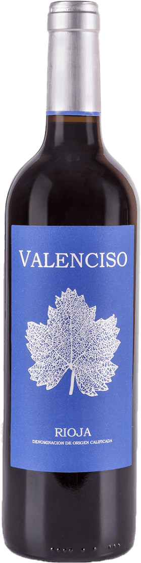 Het label toont een gedetailleerde witte afbeelding van een wijnblad tegen een blauwe achtergrond. De naam 'Valenciso' staat bovenaan in grote witte letters, en onderaan staat 'Rioja' met kleinere tekst daaronder.