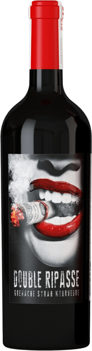 Het label toont een artistiek ontwerp van een mond met rode lippen die een brandend dollarbiljet vasthoudt. Er is rook zichtbaar rondom de mond, wat het geheel een edgy en provocerende uitstraling geeft.