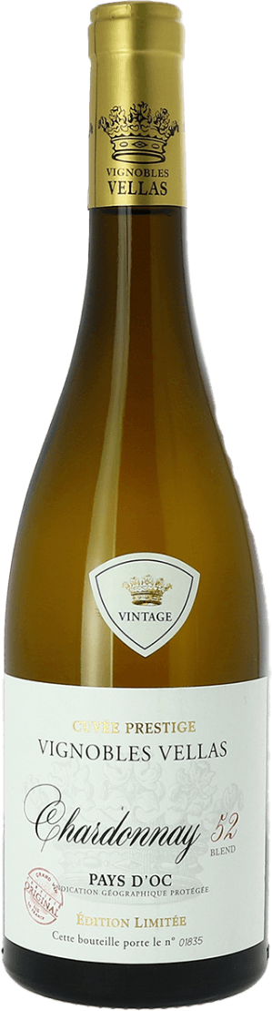 Het label toont de naam 'Vignobles Vellas' met een kroon erboven. Er staat 'Chardonnay 52 Blend' en enkele Franse termen zoals 'Cuvée Prestige' en 'Édition Limitée'. Er is een embleem met 'Vintage' in het midden van het label.