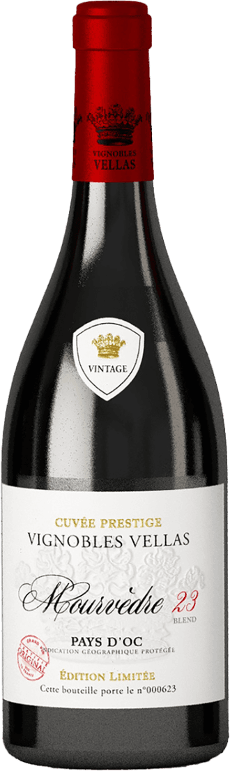 Het label heeft een elegante uitstraling met de tekst 'Vignobles Vellas' prominent in het midden. Bovenaan staat een goudkleurige kroon en daaronder het woord 'Vintage'. De achtergrond is wit met subtiele patronen van druivenranken. Er zijn ook rode accenten, zoals een zegel aan de onderkant met 'Origine Garantie'.