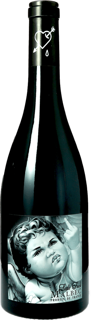 Het label toont een zwart-wit afbeelding van een engelachtig kind dat een middelvinger opsteekt. Onderaan staat de naam van de wijn in sierlijke letters.