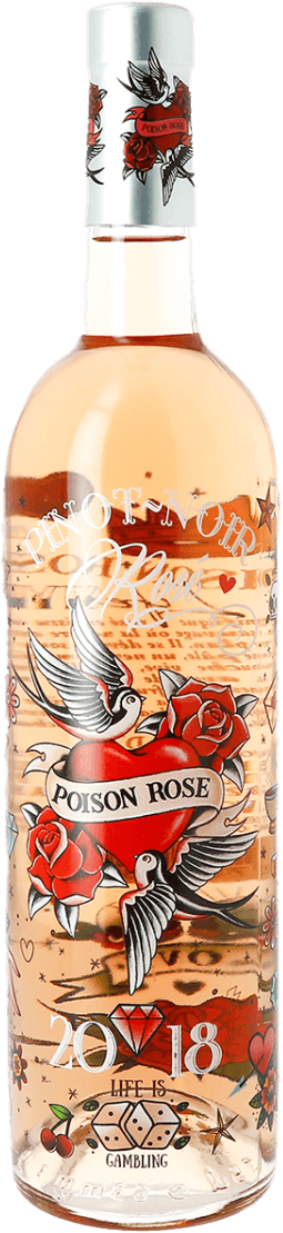 Het label heeft een tattoo-achtige stijl met afbeeldingen van zwaluwen, rode rozen en een hart met de tekst 'Poison Rose'. Er zijn ook sterren en dobbelstenen afgebeeld. De achtergrond lijkt op een oud papier of perkament.