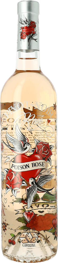 Het label toont een tattoo-achtige stijl met een rood hart, rozen en vogels. Er zijn decoratieve elementen zoals sterren en diamanten te zien, en de tekst 'Poison Rosé' staat prominent in het midden.