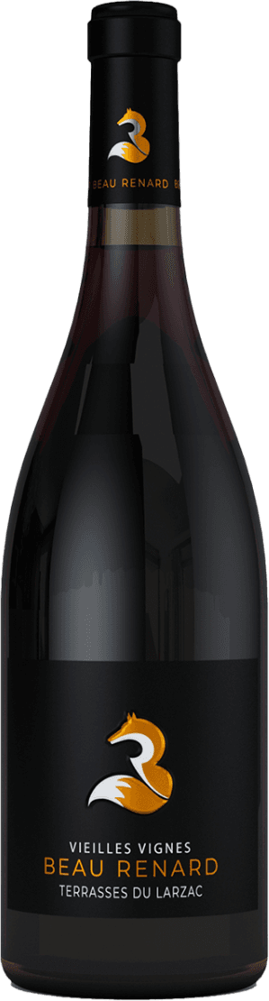 Het label toont een gestileerde afbeelding van een oranje voskop met een witte B-vorm die de contouren van de vos vormt. De achtergrond is zwart, en onder de afbeelding staat in grote letters 'Beau Renard' geschreven met daaronder kleinere tekst 'Vieilles Vignes Terrasses du Larzac'.