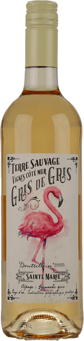 Het label toont een roze flamingo met sierlijke letters eromheen. De achtergrond is licht en er zijn decoratieve elementen aanwezig.