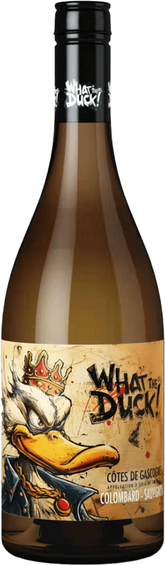 Het label toont een cartoonachtige eend met een kroon op zijn hoofd. De eend heeft een uitdagende blik en draagt een blauw jasje. De naam 'What the Duck' staat prominent op het label in grote, speelse letters.