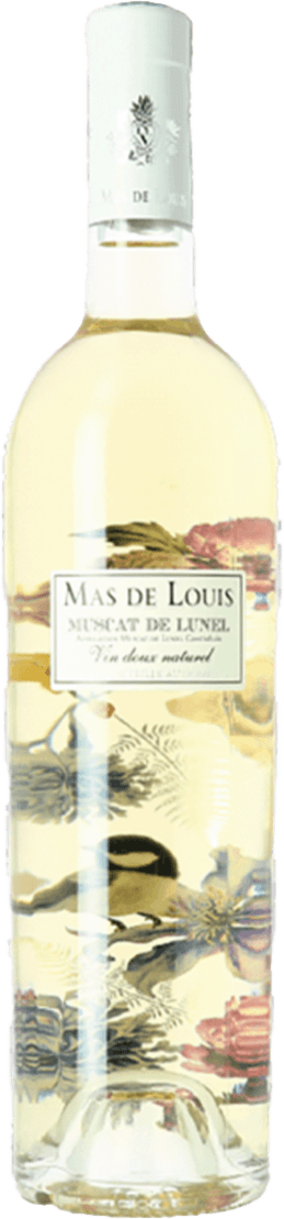 Het label toont de tekst 'Mas de Louis Muscat de Lunel Vin doux naturel' in een klassieke en elegante stijl. Het label is omgeven door een decoratieve rand en er zijn bloemen afgebeeld op de fles zelf, wat een artistiek en natuurlijk gevoel geeft.