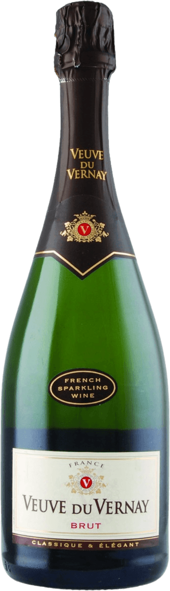 Het label heeft een klassieke uitstraling met de naam 'Veuve du Vernay' prominent in het midden. Er is een rood embleem of zegel onder de tekst, omgeven door decoratieve gouden elementen. Onderaan staat 'BRUT' in rode letters, met daaronder de tekst 'CLASSIQUE & ÉLÉGANT'. Het geheel straalt elegantie en traditie uit.