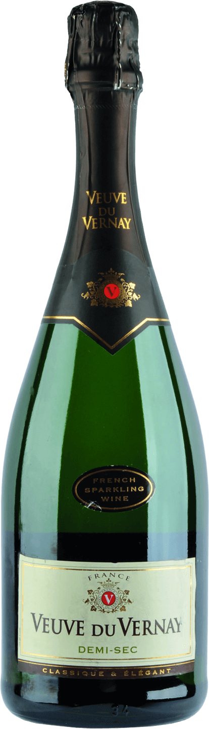 Het label van de fles heeft een elegante uitstraling met een klassieke stijl. Bovenaan is er een zwart gedeelte met gouden en rode accenten, waaronder een embleem of wapen met de letter 'V'. Het centrale deel van het label is crèmekleurig met zwarte en gouden letters die de naam 'Veuve du Vernay' tonen, samen met termen zoals 'Demi-Sec', 'France', en andere beschrijvingen. De algehele uitstraling is verfijnd en traditioneel.