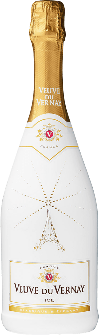Het label van de fles is wit met gouden accenten. Bovenaan staat 'Veuve du Vernay' in grote letters. Er is een sierlijk patroon van stippen dat doet denken aan een fontein of vuurwerk, en onderaan staat de tekst 'Classique & Élégant'.