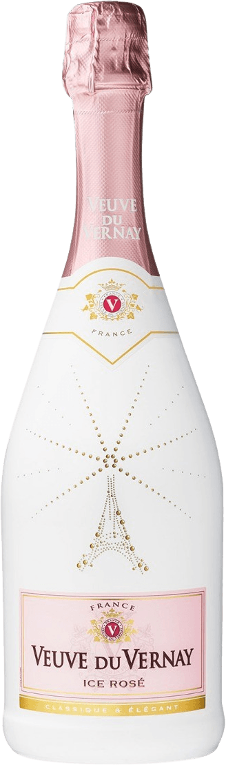 Het label van de wijnfles is elegant en minimalistisch. Het bevat een centraal embleem met een 'V' in het midden, omgeven door gouden decoratieve elementen die doen denken aan een familiewapen. Bovenaan staat de tekst 'Veuve du Vernay', en onderaan 'ICE Rosé'. Er zijn subtiele gouden stippen die vanuit het centrum uitstralen, wat een gevoel van verfijning geeft.