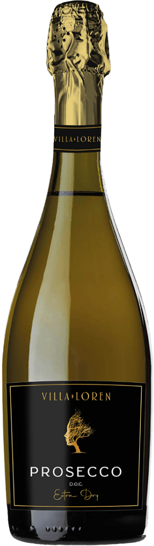 Het label van de wijnfles is zwart met gouden accenten. Bovenaan staat in gouden letters 'VILLA LOREN'. In het midden is een gestileerde afbeelding van een boom te zien, ook in goud. Onderaan staan de woorden 'PROSECCO D.O.C' en daaronder 'Extra Dry', beide in goud.