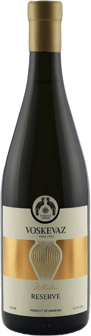 Het label toont een combinatie van goudkleurige en crèmekleurige vlakken met centraal een gouden grafisch element dat lijkt op een amfoor of vaas. Bovenaan het label staat een rond logo met twee vogels of mythische dieren die tegenover elkaar staan. De rest van het label is strak en minimalistisch, met een elegante uitstraling.