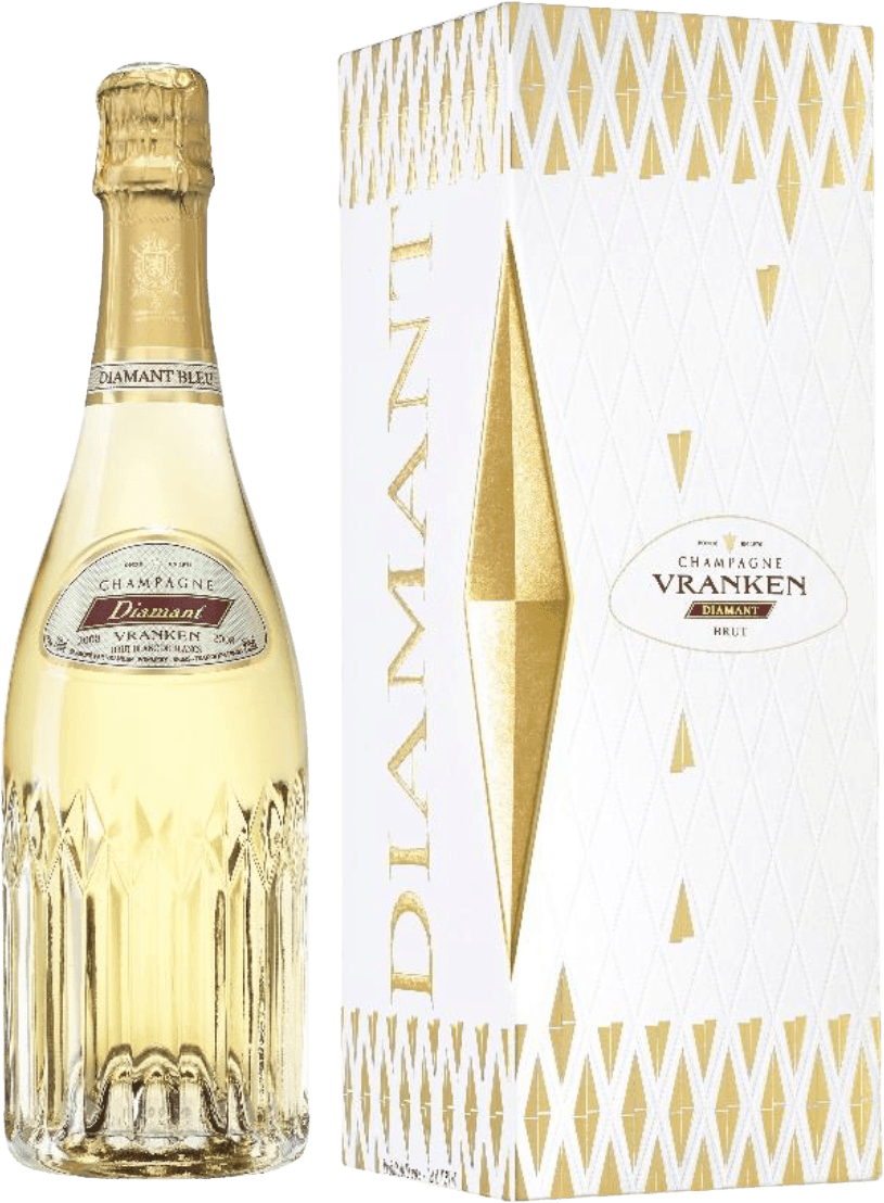 Het label is ovaalvormig met een elegante uitstraling. Het bevat de tekst 'Champagne Vranken' en 'Diamant'. Er zijn sierlijke details rondom de tekst, en het geheel heeft een luxe uitstraling.