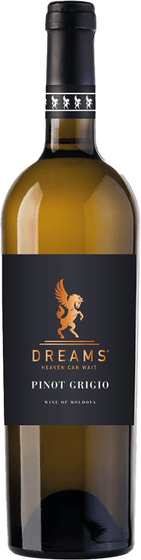 Het label toont een afbeelding van een gevleugeld paard in oranje op een zwarte achtergrond. Boven het paard staat de tekst 'DREAMS' en daaronder 'HEAVEN CAN WAIT'. Onder deze teksten staat 'PINOT GRIGIO' en onderaan 'WINE OF MOLDOVA'. Het ontwerp is strak en modern.