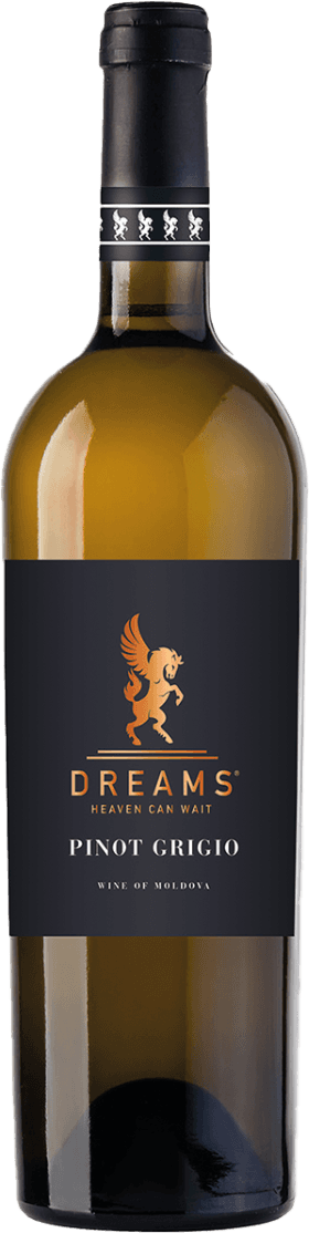 Het label toont een gevleugeld paard in een opvallende oranje kleur boven de tekst 'DREAMS Heaven Can Wait' en 'PINOT GRIGIO'.