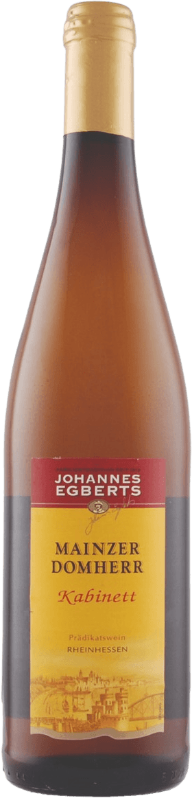 Het label toont een rood en geel kleurenschema. Bovenaan staat de naam 'JOHANNES EGBERTS' in witte letters op een rode achtergrond. Daaronder, op een gele achtergrond, staan de woorden 'MAINZER DOMHERR Kabinett' in zwarte en rode letters. Onderaan is er een illustratie van wat lijkt op een stad of kasteel met gebouwen.