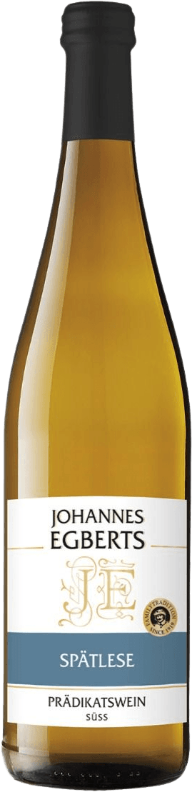 Het label heeft een witte achtergrond met de naam 'Johannes Egberts' prominent bovenaan. In het midden zijn de initialen 'JE' kunstzinnig weergegeven in goudkleur, onderstreept door een blauwe balk met de tekst 'Spätlese'. Onderaan staat 'Prädikatswein Süss'. Er is ook een klein gouden zegel aan de rechterkant van het label.