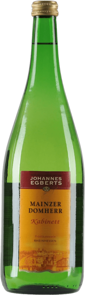Het label heeft een klassieke uitstraling met de tekst 'Johannes Egberts' bovenaan in witte letters op een rode achtergrond. Daaronder staat de naam van de wijn 'Mainzer Domherr Kabinett' in zwarte en rode letters op een oranje achtergrond. Onderaan is er een afbeelding van een stadsgezicht of landschap, waarschijnlijk Rheinhessen, in sepia tinten.