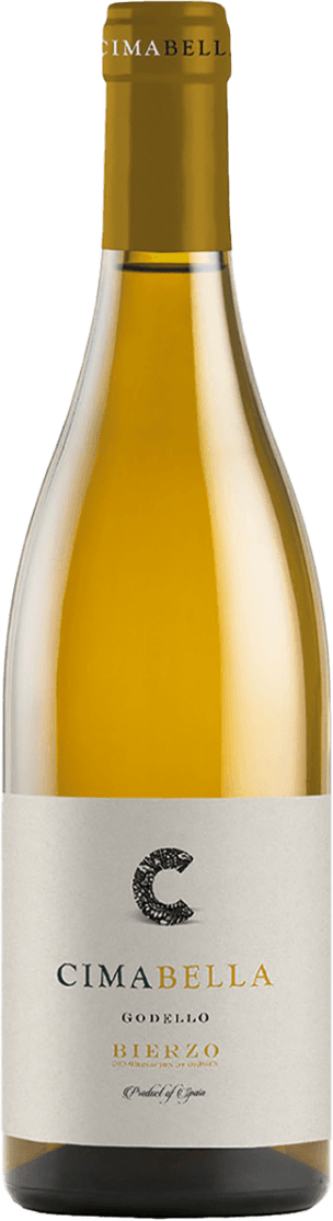 Bodega del Abad - Cima Bella Godello Joven 2022 Het label is minimalistisch met de merknaam 'CimaBella' in grote letters. Er staat een grote 'C' die lijkt op een artistieke tekening of patroon. Verder zijn er geen afbeeldingen van dieren, bloemen, fruit of andere objecten.