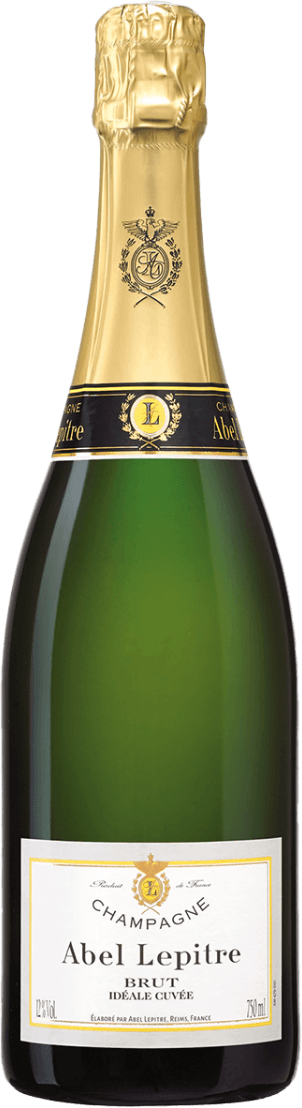 Abel Lepitre - Champagne AC Brut Cuvée Idéale Het label van deze Champagnefles is klassiek en traditioneel vormgegeven. Het hoofdlabel is wit met een gouden rand en bevat centraal het merk 'Abel Lepitre' in grote zwarte letters. Boven de merknaam staat een gouden familiewapen of embleem met een 'L' in het midden, omringd door laurierkransen. Verder zijn er kleinere teksten in zwart en goud. Op de hals van de fles staat hetzelfde embleem en zijn gouden en zwarte accenten verwerkt. Er zijn geen afbeeldingen van dieren, fruit, bloemen of kunst; het geheel straalt vooral traditie en elegantie uit.