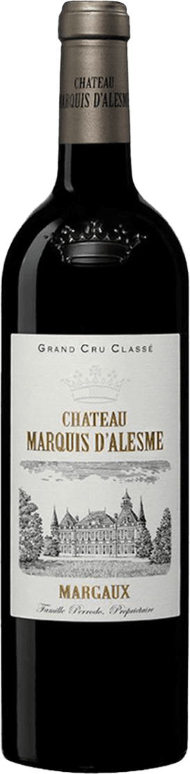 Château Marquis d'Alesme - Margaux AC Grand Cru Classé 2019 Het label toont een gedetailleerde tekening van een kasteel, omgeven door bomen. Boven de tekening staat de tekst 'Grand Cru Classé' en daaronder 'Chateau Marquis d'Alesme'. Onder het kasteel staat 'Margaux'. Het ontwerp is klassiek en elegant.
