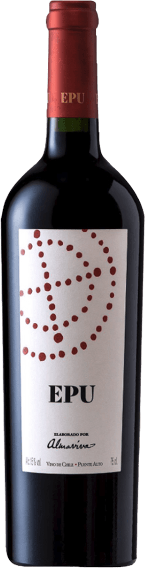 Almaviva - Puento Alto EPU 2e wijn Het label toont een minimalistisch ontwerp met een grote, gestileerde letter 'E' gevormd door rode stippen. Onder de stippen staat in zwarte letters het woord 'EPU'. Onderaan is de tekst 'Elaborado por Almaviva' te zien, samen met aanvullende informatie over de wijn.
