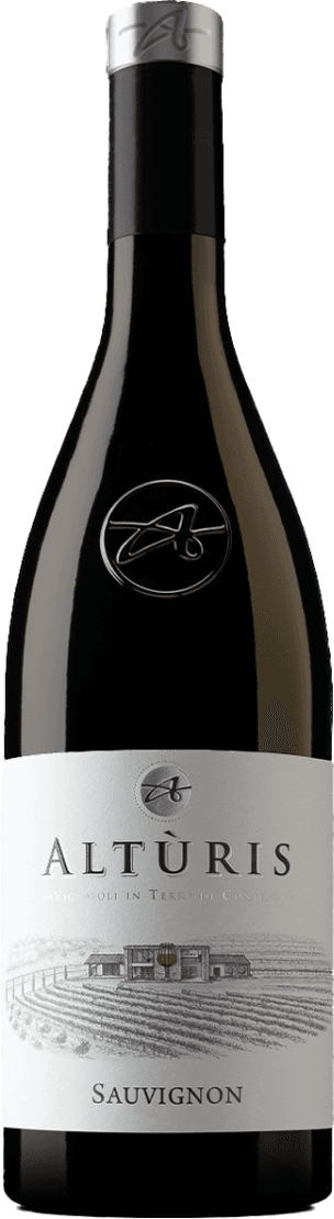 Azienda Agricola Altùris - Venezia Giulia IGP Sauvignon Het label toont een illustratie van een wijnhuis met daaronder wijngaarden. Bovenaan staat de naam 'Altùris' prominent in grote letters. Er is ook een logo aanwezig dat lijkt op een gestileerde letter 'A'.