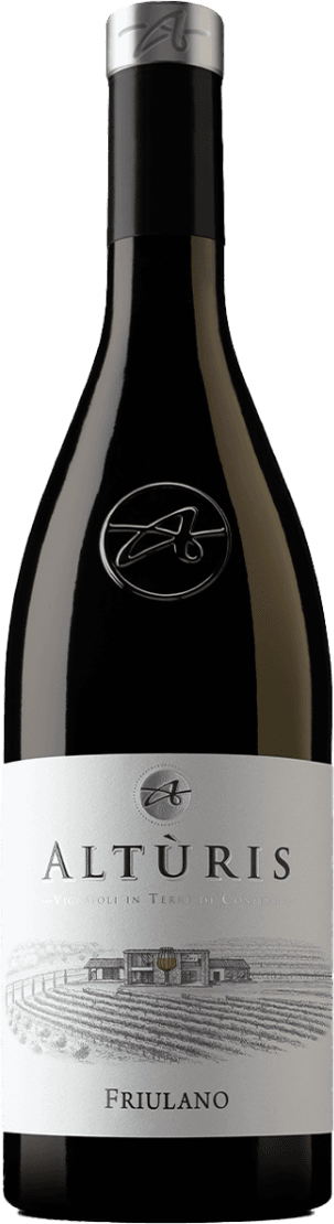 Azienda Agricola Altùris - Friuli Colli Orientali DOP Friulano Het label toont een wijngaard met een wijnhuis in een minimalistische stijl. Bovenaan staat de naam 'ALTÙRIS' met daarboven een cirkel met een abstract logo.