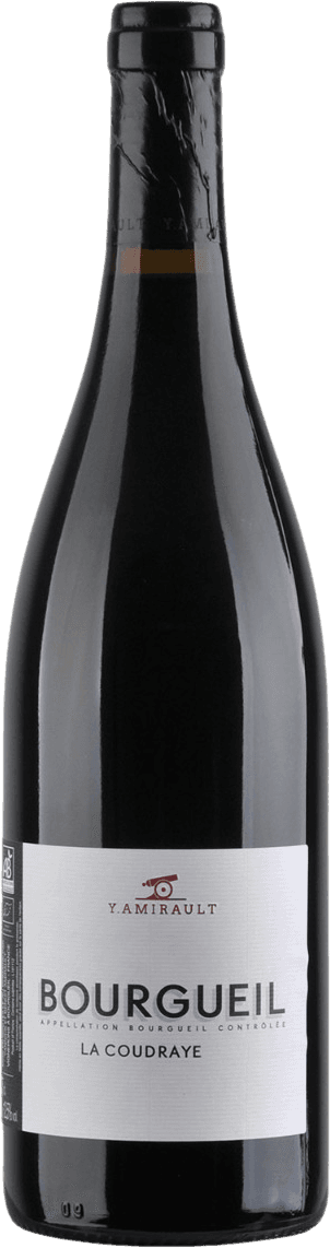 Domaine Yannick Amirault - Bourgueil AC Cote 50 BIO Het label is overwegend wit met zwarte en rode tekst. Bovenaan staat een rood kanon afgebeeld, gevolgd door de naam 'Y. Amirault' in rode letters. Daaronder staat 'BOURGUEIL' in grote zwarte letters, gevolgd door kleinere zwarte tekst die aangeeft dat het om een appellation gaat. Helemaal onderaan staat 'LA COUDRAYE' in kleinere zwarte letters.