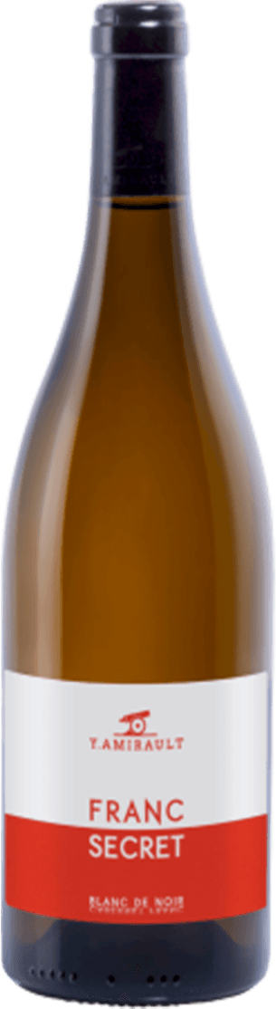 Amir - Val de Loire IGP Franc Secret BIO Het label heeft een minimalistisch ontwerp met een wit en rood kleurenschema. Bovenaan staat de naam 'Y. Amirault' in rode letters, en daaronder 'FRANC SECRET'. Het onderste deel van het label is rood met witte letters 'BLANC DE NOIR'.