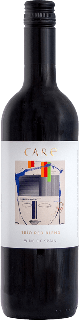 Bodegas Anadas - Care Trio Red Het label toont een abstracte tekening van een gezicht met geometrische elementen en kleurrijke accenten. Bovenaan staat de merknaam 'CARE' in goudkleurige letters.