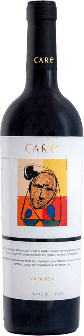 Bodegas Anadas - Cariñena DOP Care Crianza Nativa Tempranillo-Merlot Het label toont een kunstzinnige afbeelding van een gezicht in abstracte stijl. De achtergrond is verdeeld in verschillende gekleurde vlakken: geel, rood en oranje. Het gezicht is eenvoudig getekend met zwarte lijnen en heeft een expressieve uitstraling.