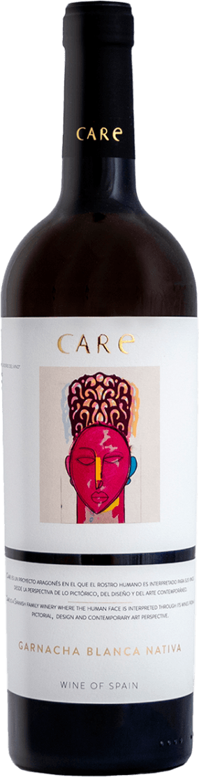 Bodegas Anadas - Cariñena DOP Care Garnacha Blanca Nativa Het label toont een abstracte kunstafbeelding van een gezicht met levendige kleuren. Bovenaan staat het woord 'CARE' in goudkleurige letters.