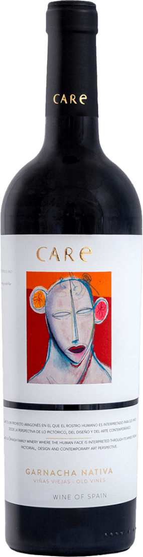Bodegas Anadas - Care Garnacha Nativa Het label toont een abstract kunstwerk van een menselijk gezicht in verschillende kleuren, met lijnen en vormen die het gezicht schetsen. Er is een oranje achtergrond en de naam 'CARE' staat bovenaan in gouden letters.