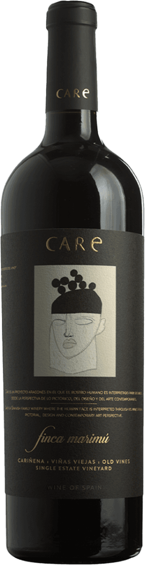 Bodegas Anadas - Care Finca Marimú Het label toont een abstract gezicht met een kroon van druiven bovenop. De achtergrond is donker met gouden en witte accenten. Het ontwerp is minimalistisch en modern.