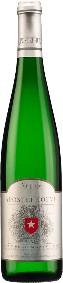 Apostelhoeve - Viognier 2023 Het label heeft een zilveren achtergrond met daarop een gedetailleerde kaart van de regio. Centraal staat een rood wapenschild met een witte ster in het midden. Bovenaan staat de naam 'Apostelhoeve' in grote, klassieke letters.
