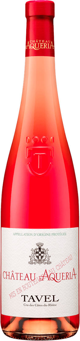 Château d'Aqueria - Tavel AC Het label toont een traditioneel ontwerp met het embleem van een kasteel of familiewapen in het midden. De tekst 'CHÂTEAU D'AQUERIA' en 'TAVEL' zijn prominent aanwezig. Het heeft een klassieke uitstraling met formele lettertypen.