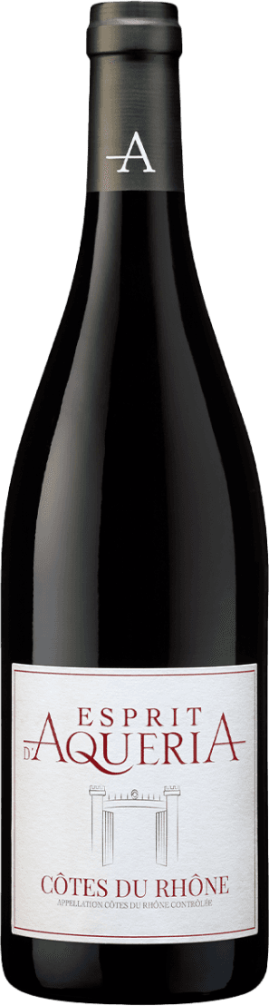 Côtes du Rhône AC Esprit d'Aqueria 2022 Het label toont grote rode letters met de tekst 'Esprit d'Aqueria'. Onder de tekst is een eenvoudige tekening van een poort of entree afgebeeld. Het ontwerp is minimalistisch en strak.