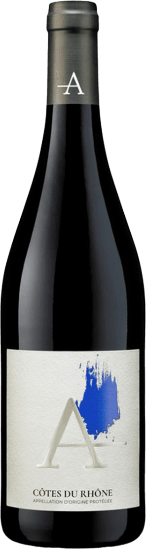 Château d'Aqueria - Côtes du Rhône AC Esprit d'Aqueria Het label is minimalistisch vormgegeven met een grote, reliëfachtige letter 'A' centraal op het label. Achter de A staat een opvallende blauwe verfveeg, wat een modern en kunstzinnig effect geeft. Verder is de rest van het label wit en strak, met onderaan in kleinere letters de naam van de wijn.