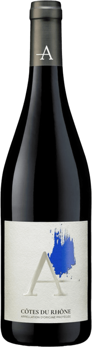 Château d'Aqueria - Esprit d'Aqueria Het label toont een grote witte letter 'A' met een blauwe verfveeg ernaast, tegen een witte achtergrond. Onderaan staat 'Côtes du Rhône' vermeld.