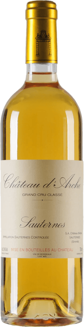 Château d'Arche - Sauternes AC 2GCC Het label is vrij minimalistisch en traditioneel, met elegante zwarte letters op een crèmekleurige achtergrond. De tekst bevat de naam van het wijnhuis 'Château d'Arche', de aanduiding 'Grand Cru Classé', en de benaming 'Sauternes'. Onderaan het label staat in rood geschreven: 'Mise en Bouteilles au Château'.