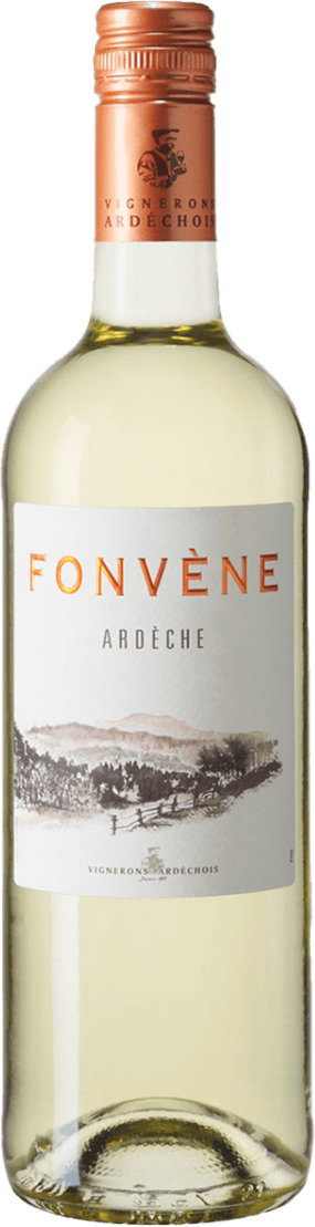 Vignerons Ardéchois - Ardèche IGP Fonvène 2022 Het label toont een landschap met bomen en heuvels in een minimalistische stijl. De naam 'Fonvène' staat groot bovenaan in oranje letters, gevolgd door 'Ardèche' in kleinere zwarte letters. Onderaan is er een klein logo van Vignerons Ardéchois.