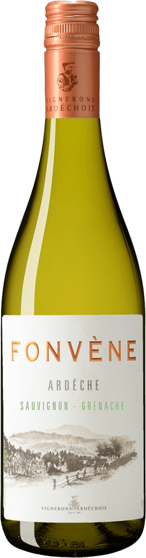 Ardèche IGP Fonvène Het label toont een landschap met heuvels en bomen, met de naam 'Fonvène' prominent in grote letters. Onderaan staat 'Vignerons Ardéchois' met een klein embleem.