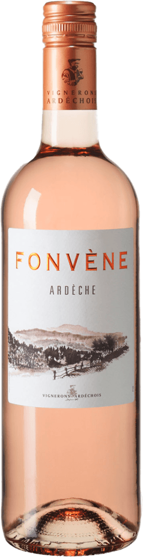 Vignerons Ardéchois - Ardèche IGP Fonvène Rosé 2023 Het label toont een landschap met heuvels en bomen, weergegeven in een artistieke stijl. De naam 'Fonvène' staat prominent bovenaan in grote letters, gevolgd door 'Ardèche'. Onderaan is er een klein embleem of logo van de producent.