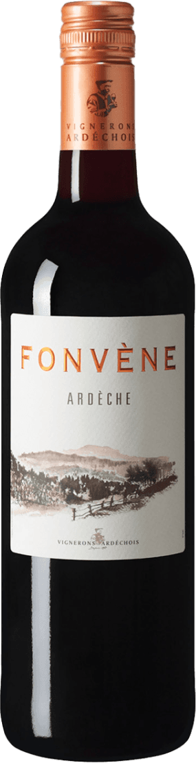 Vignerons Ardéchois - Ardèche IGP Fonvène Het label toont een landschap met bomen en heuvels, in zachte bruintinten. De naam 'Fonvène' staat prominent bovenaan in grote, oranje letters. Onderaan is de naam 'Vignerons Ardéchois' subtiel weergegeven.