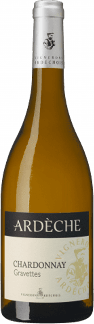 Ardèche IGP Gravette Chardonnay Het label toont de naam 'Ardèche' in grote letters, met daaronder 'Chardonnay Gravettes'. Er is een afbeelding van een persoon of figuur in een lichte tint op de achtergrond.