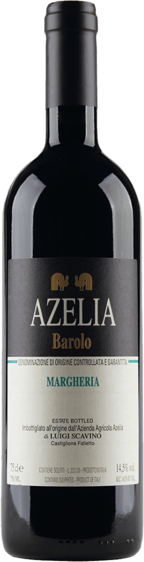 Azelia by Luigi Scavino - Barolo DOCG Margheria 2014 Het label heeft een zwarte achtergrond met witte en gouden letters. Bovenaan staat de naam "AZELIA" in grote letters, daaronder "Barolo" in goudkleurige tekst. Onder deze tekst is er nog een sectie met kleinere letters die de herkomst en details van de wijn aangeven.