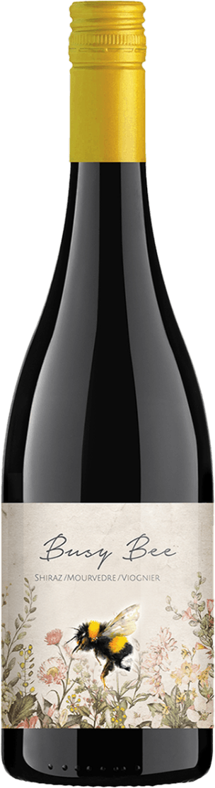 Babylon's Peak Private cellar - Busy Bee Shiraz - Mourvedre - Viognier 2024 Het label toont een illustratie van een grote hommel (bij) die boven bloemen vliegt. De achtergrond is licht en heeft een zachte, natuurlijke uitstraling met diverse bloemen in pastelkleuren onderaan het label. De naam 'Busy Bee' staat sierlijk geschreven boven de bij.